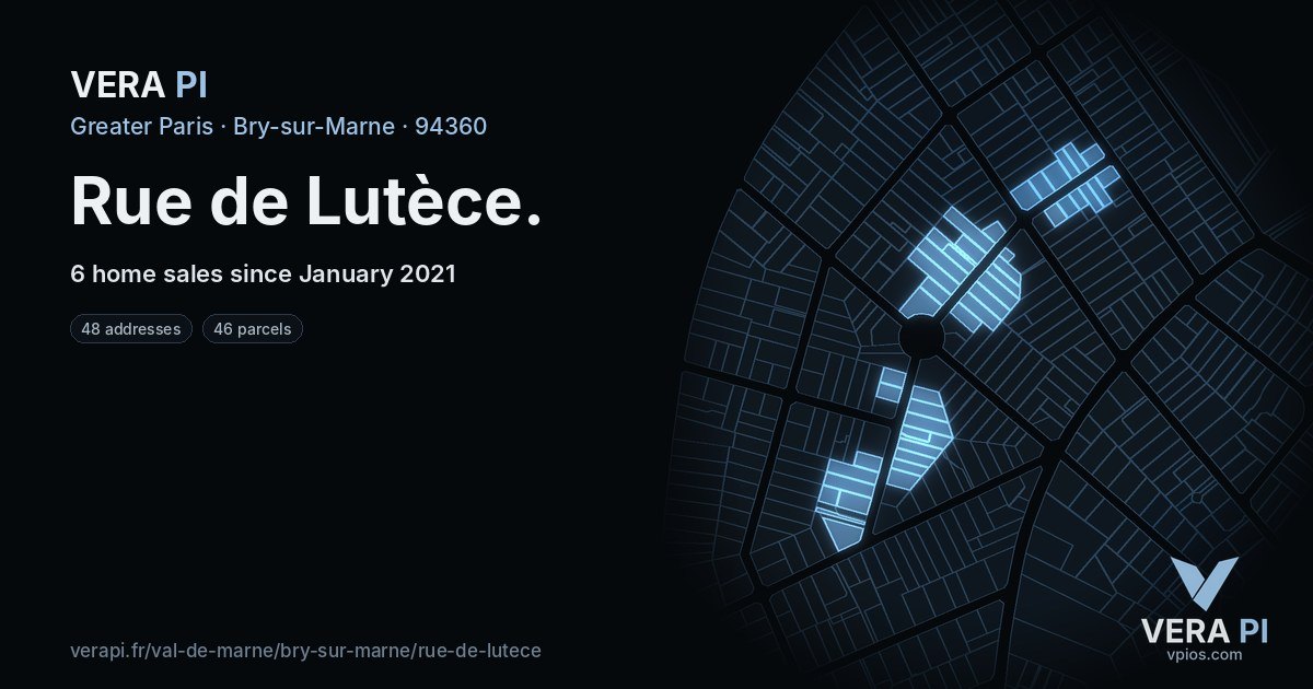 Rue de Lutèce, Bry-sur-Marne at night – every parcel coloured by the prices around it, the street's own parcels lit