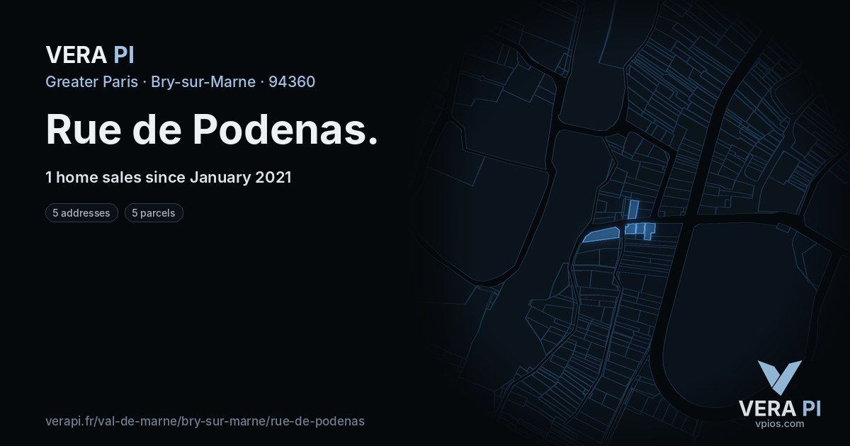 Rue de Podenas, Bry-sur-Marne at night – every parcel coloured by the prices around it, the street's own parcels lit
