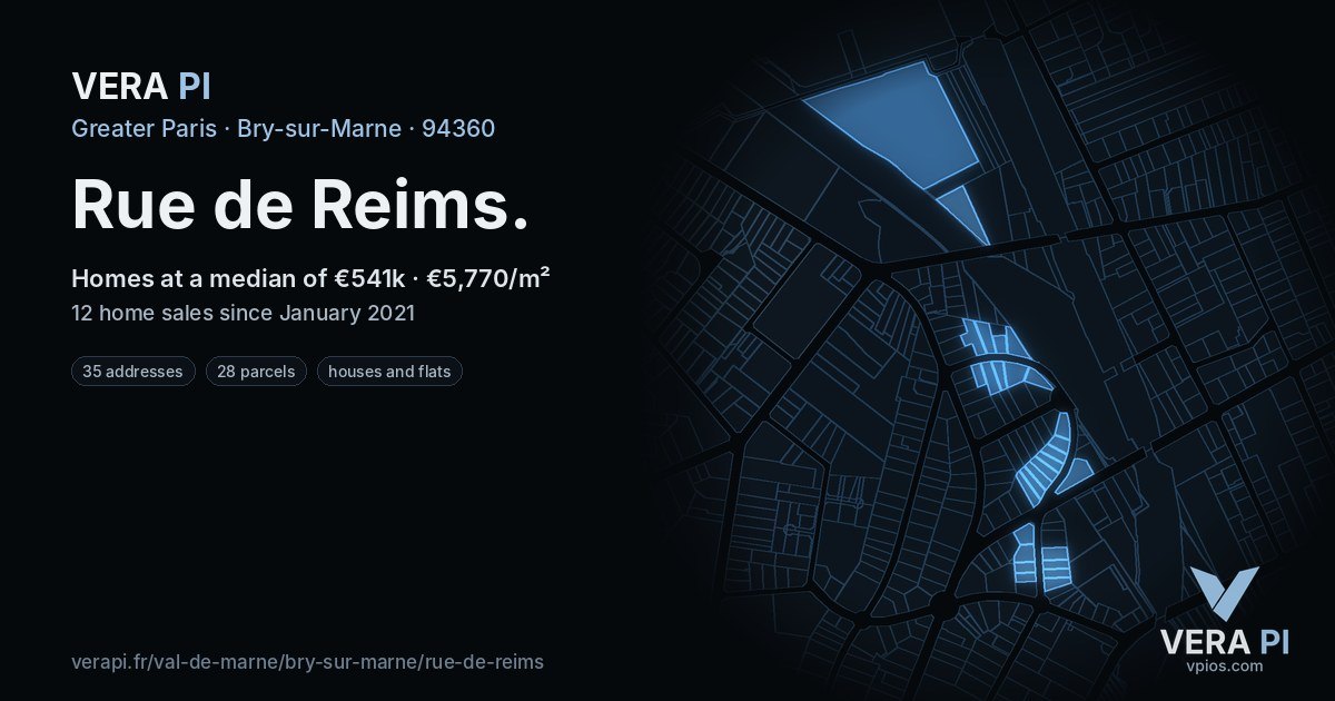 Rue de Reims, Bry-sur-Marne at night – every parcel coloured by the prices around it, the street's own parcels lit