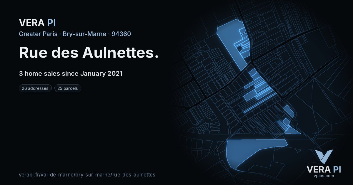 Rue des Aulnettes, Bry-sur-Marne at night – every parcel coloured by the prices around it, the street's own parcels lit