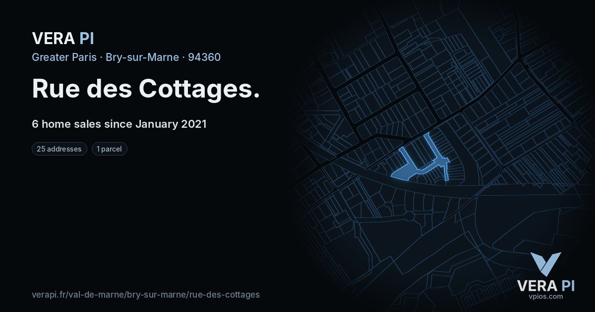 Rue des Cottages, Bry-sur-Marne at night – every parcel coloured by the prices around it, the street's own parcels lit