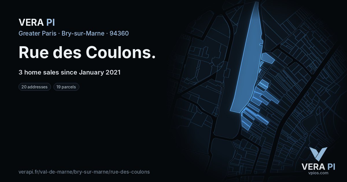 Rue des Coulons, Bry-sur-Marne at night – every parcel coloured by the prices around it, the street's own parcels lit