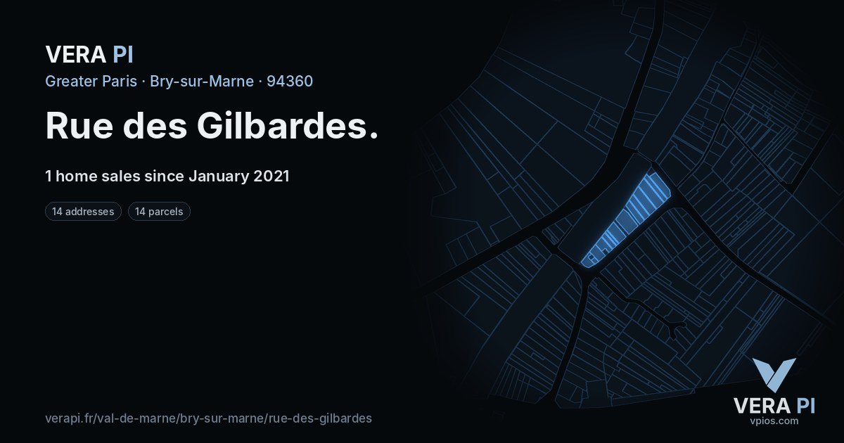 Rue des Gilbardes, Bry-sur-Marne at night – every parcel coloured by the prices around it, the street's own parcels lit