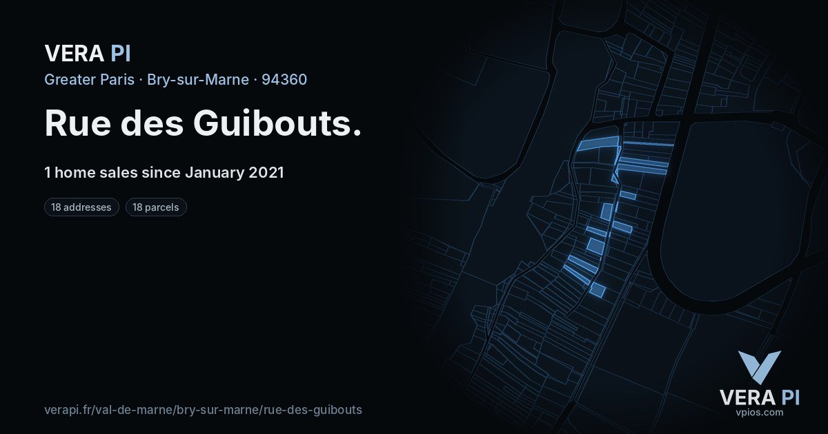 Rue des Guibouts, Bry-sur-Marne at night – every parcel coloured by the prices around it, the street's own parcels lit