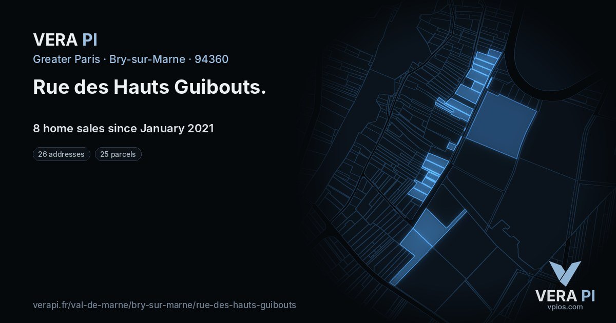 Rue des Hauts Guibouts, Bry-sur-Marne at night – every parcel coloured by the prices around it, the street's own parcels lit
