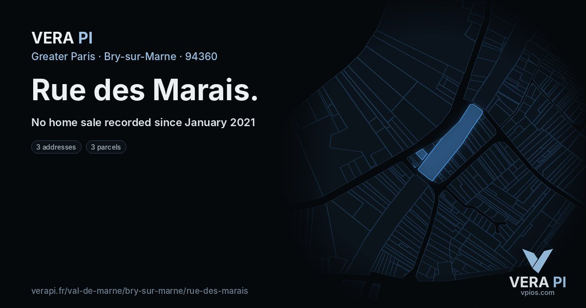 Rue des Marais, Bry-sur-Marne at night – every parcel coloured by the prices around it, the street's own parcels lit