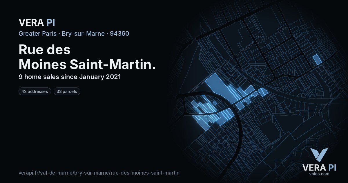 Rue des Moines Saint-Martin, Bry-sur-Marne at night – every parcel coloured by the prices around it, the street's own parcels lit