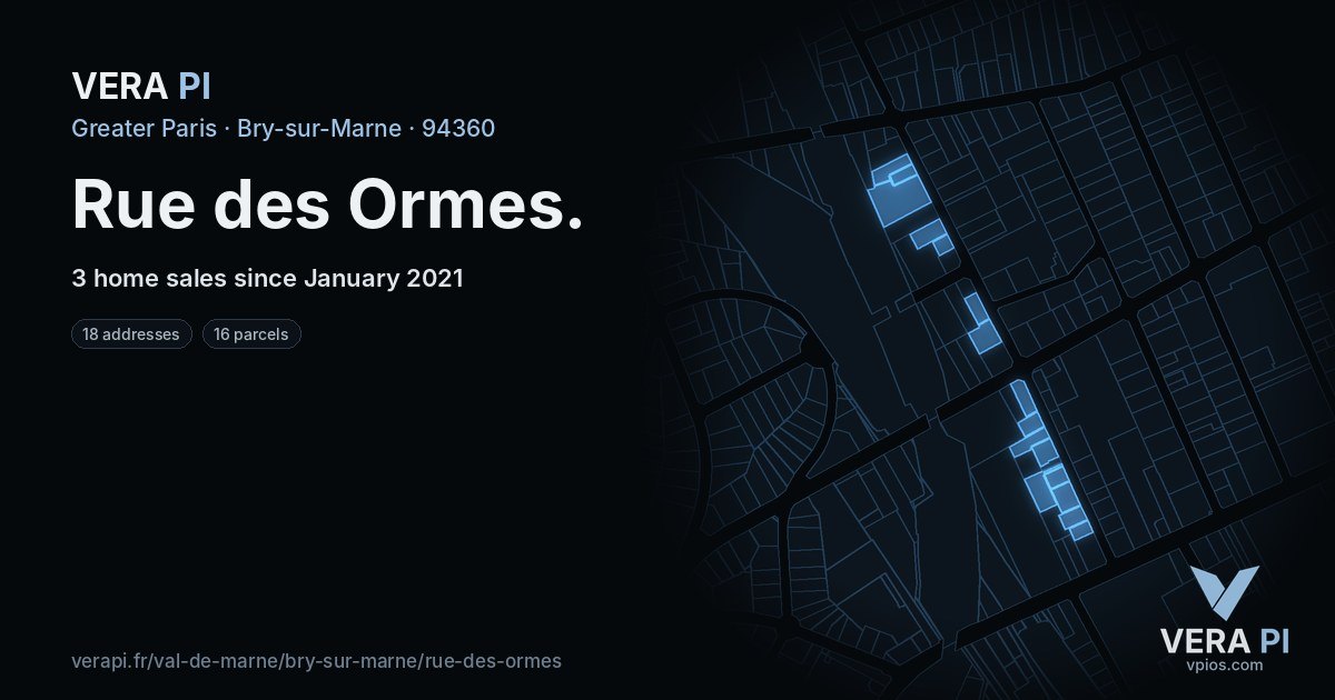 Rue des Ormes, Bry-sur-Marne at night – every parcel coloured by the prices around it, the street's own parcels lit