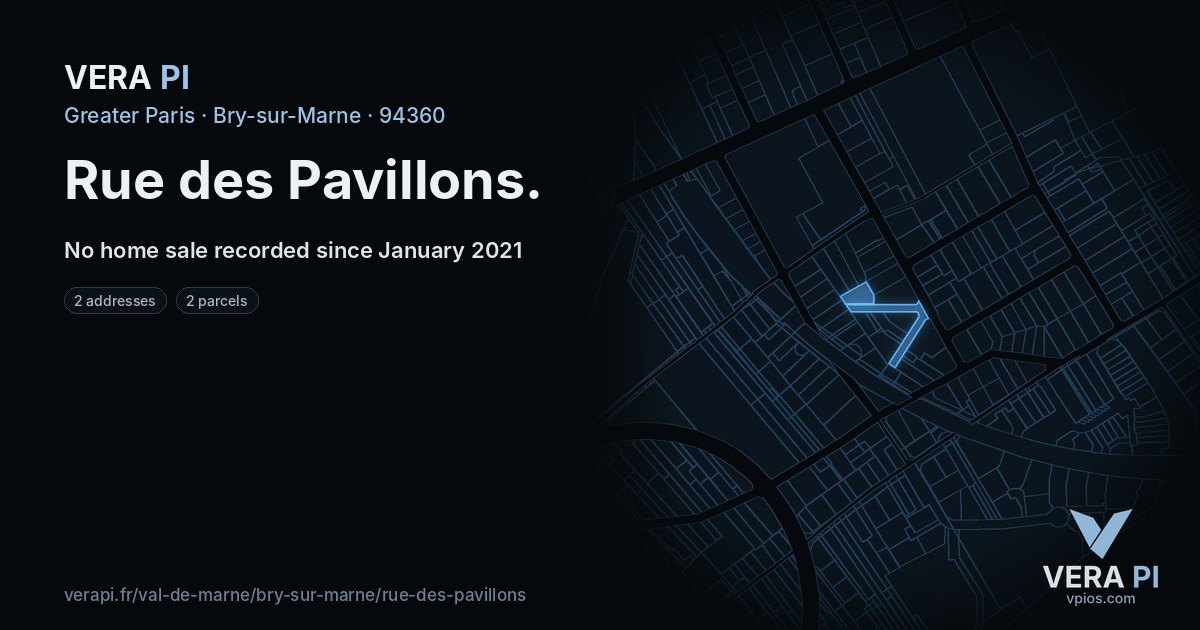 Rue des Pavillons, Bry-sur-Marne at night – every parcel coloured by the prices around it, the street's own parcels lit