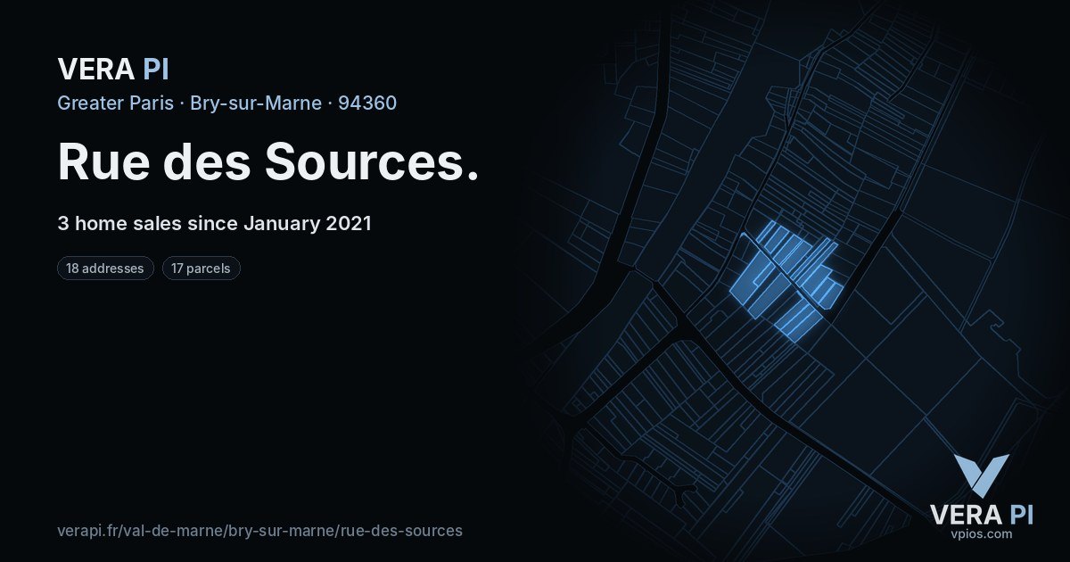 Rue des Sources, Bry-sur-Marne at night – every parcel coloured by the prices around it, the street's own parcels lit