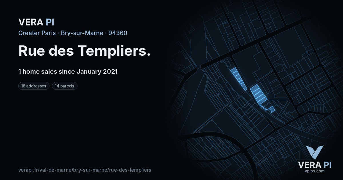 Rue des Templiers, Bry-sur-Marne at night – every parcel coloured by the prices around it, the street's own parcels lit