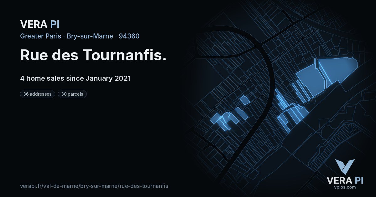 Rue des Tournanfis, Bry-sur-Marne at night – every parcel coloured by the prices around it, the street's own parcels lit