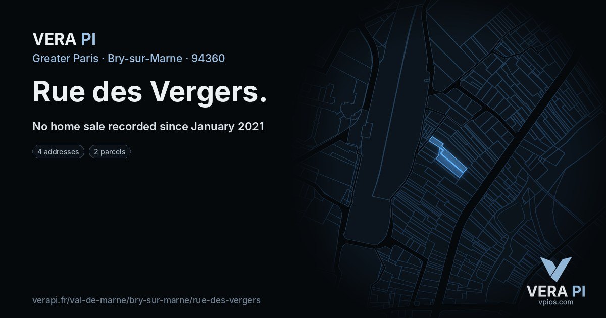 Rue des Vergers, Bry-sur-Marne at night – every parcel coloured by the prices around it, the street's own parcels lit