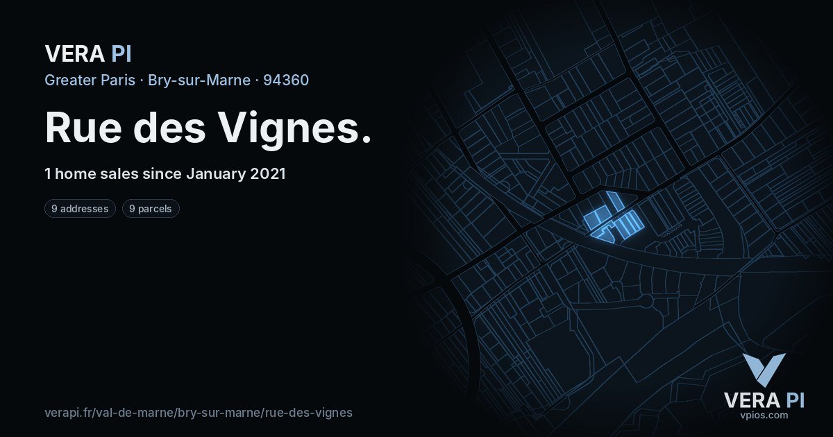 Rue des Vignes, Bry-sur-Marne at night – every parcel coloured by the prices around it, the street's own parcels lit