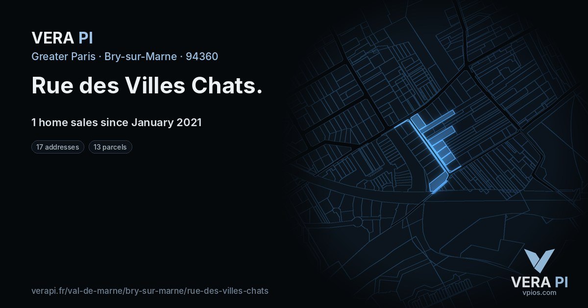 Rue des Villes Chats, Bry-sur-Marne at night – every parcel coloured by the prices around it, the street's own parcels lit