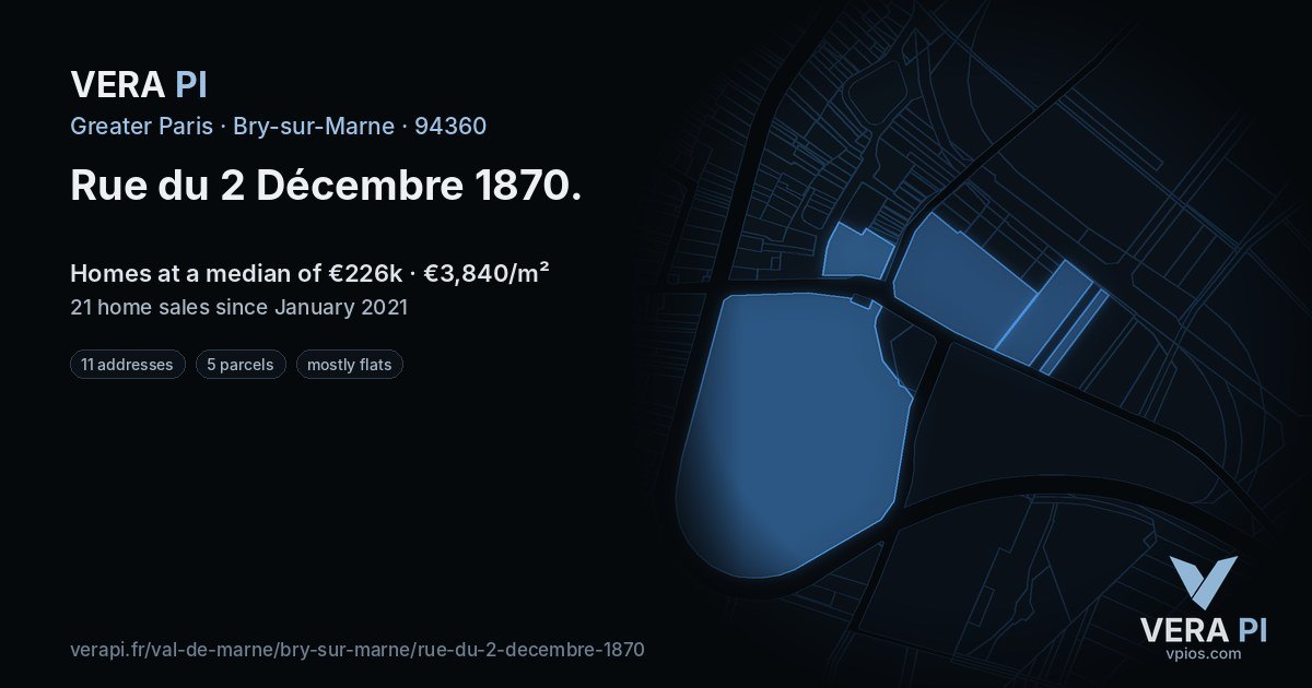 Rue du 2 Décembre 1870, Bry-sur-Marne at night – every parcel coloured by the prices around it, the street's own parcels lit