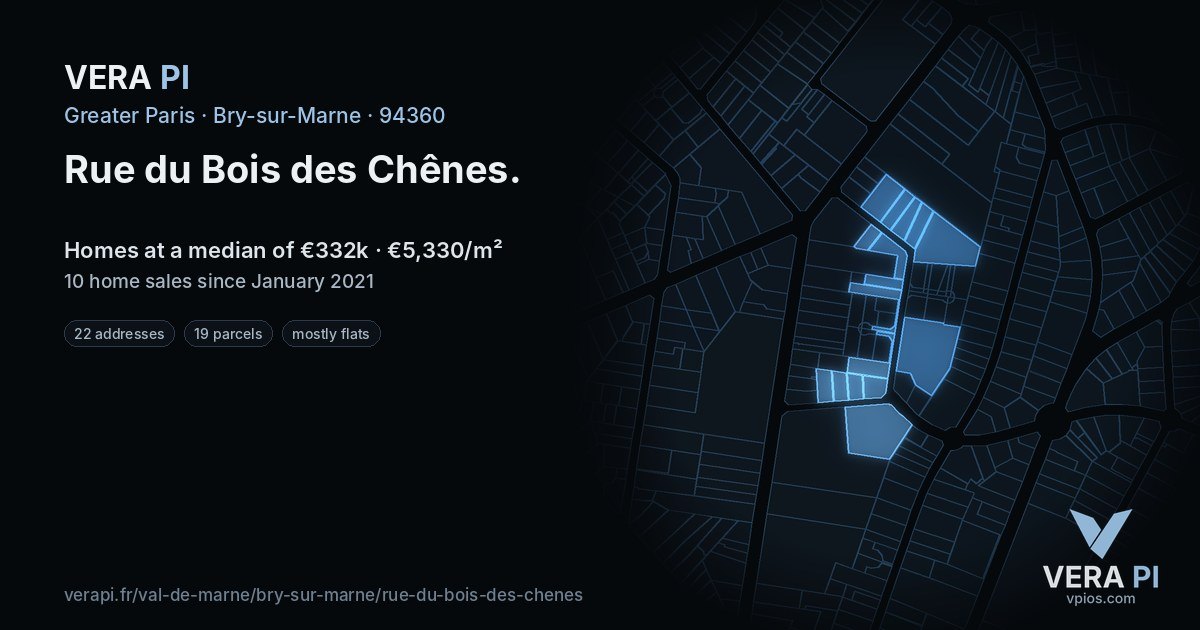 Rue du Bois des Chênes, Bry-sur-Marne at night – every parcel coloured by the prices around it, the street's own parcels lit