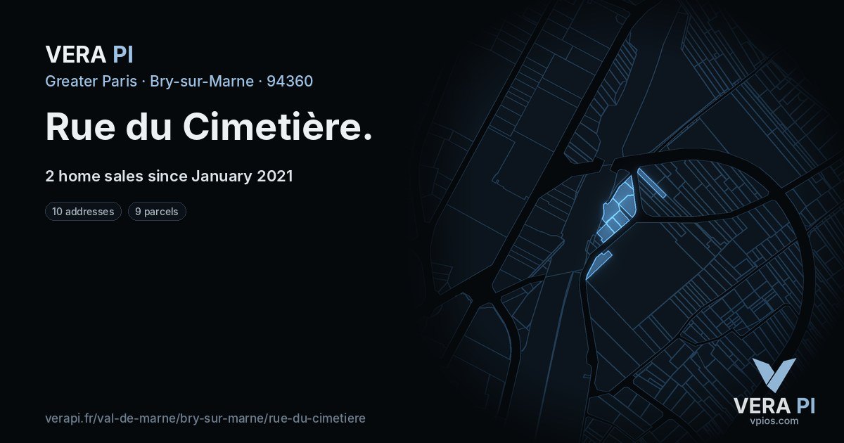 Rue du Cimetière, Bry-sur-Marne at night – every parcel coloured by the prices around it, the street's own parcels lit