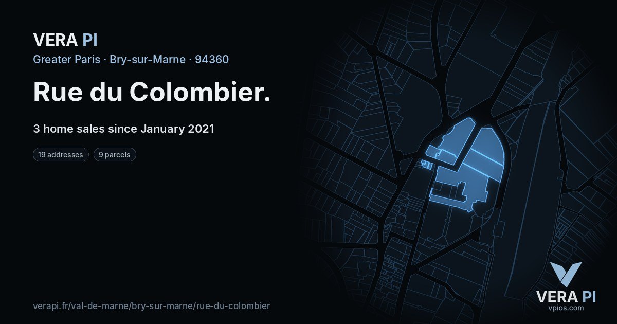 Rue du Colombier, Bry-sur-Marne at night – every parcel coloured by the prices around it, the street's own parcels lit