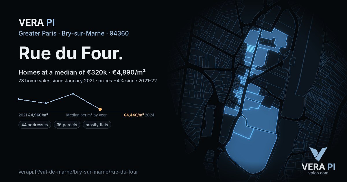 Rue du Four, Bry-sur-Marne at night – every parcel coloured by the prices around it, the street's own parcels lit