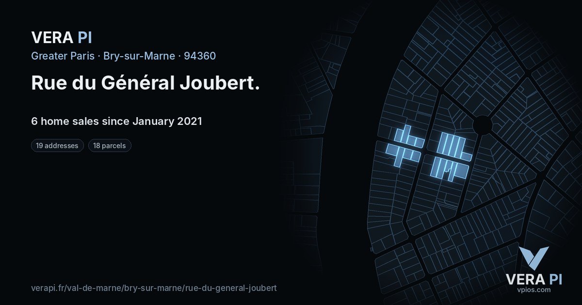 Rue du Général Joubert, Bry-sur-Marne at night – every parcel coloured by the prices around it, the street's own parcels lit
