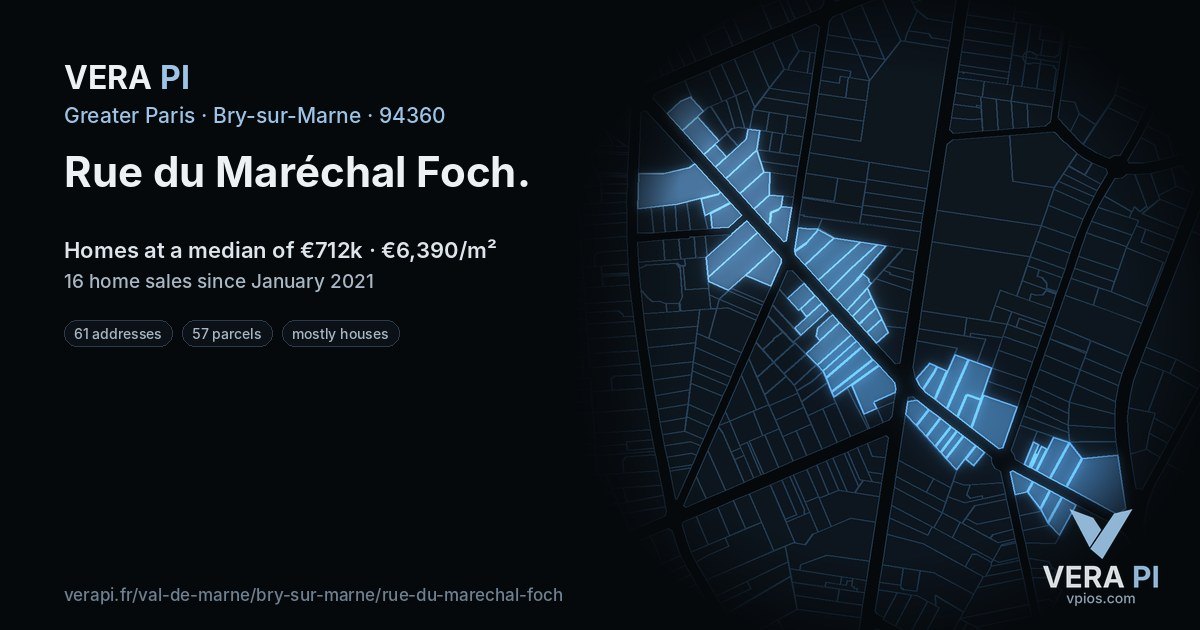 Rue du Maréchal Foch, Bry-sur-Marne at night – every parcel coloured by the prices around it, the street's own parcels lit