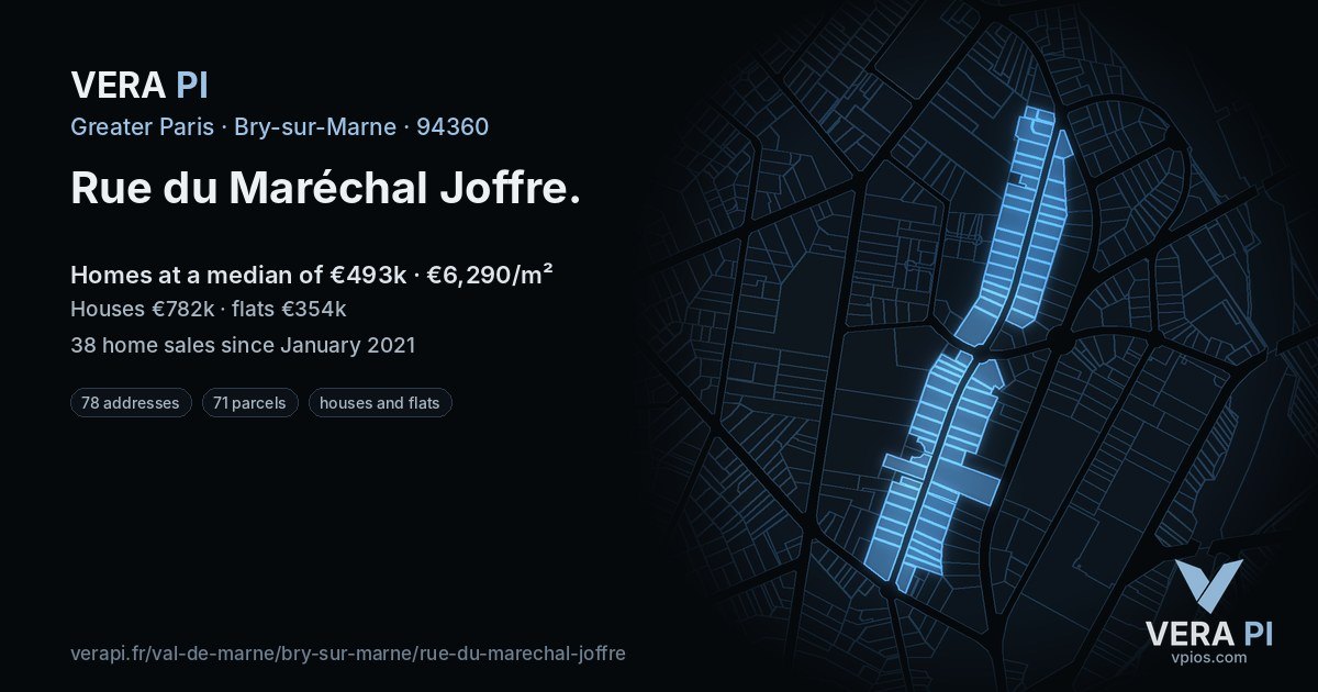 Rue du Maréchal Joffre, Bry-sur-Marne at night – every parcel coloured by the prices around it, the street's own parcels lit