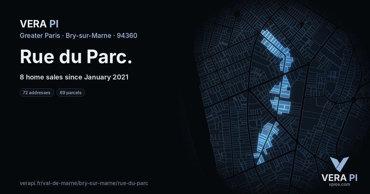 Rue du Parc, Bry-sur-Marne at night – every parcel coloured by the prices around it, the street's own parcels lit