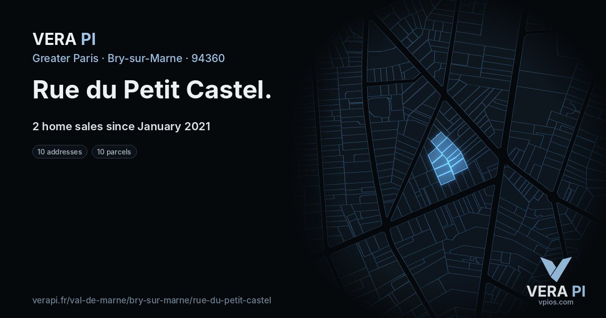Rue du Petit Castel, Bry-sur-Marne at night – every parcel coloured by the prices around it, the street's own parcels lit