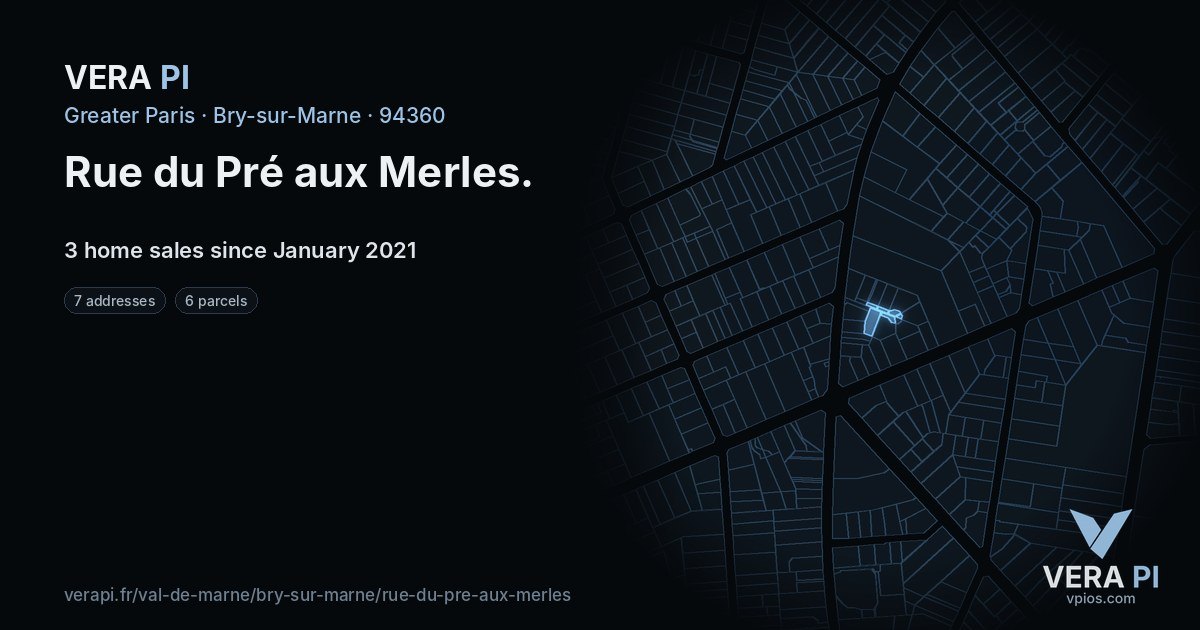 Rue du Pré aux Merles, Bry-sur-Marne at night – every parcel coloured by the prices around it, the street's own parcels lit