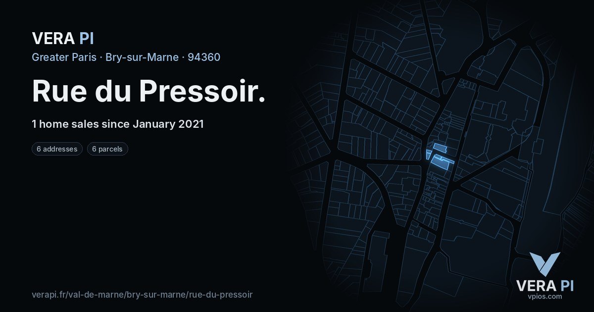 Rue du Pressoir, Bry-sur-Marne at night – every parcel coloured by the prices around it, the street's own parcels lit