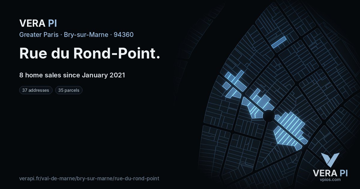 Rue du Rond-Point, Bry-sur-Marne at night – every parcel coloured by the prices around it, the street's own parcels lit