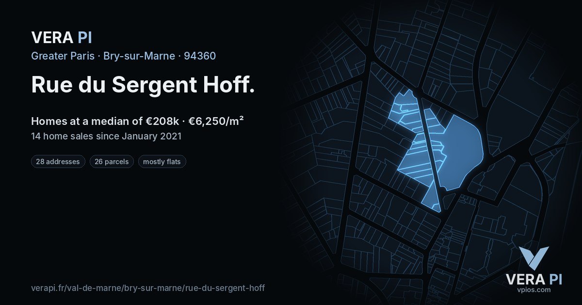 Rue du Sergent Hoff, Bry-sur-Marne at night – every parcel coloured by the prices around it, the street's own parcels lit