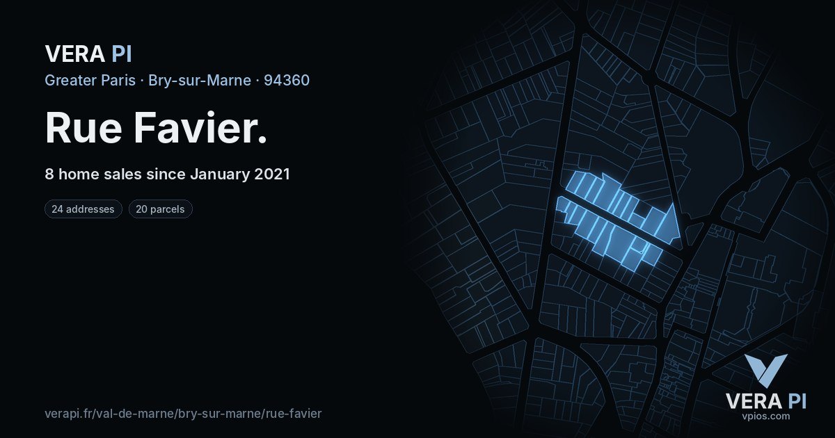 Rue Favier, Bry-sur-Marne at night – every parcel coloured by the prices around it, the street's own parcels lit