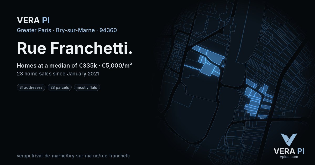 Rue Franchetti, Bry-sur-Marne at night – every parcel coloured by the prices around it, the street's own parcels lit