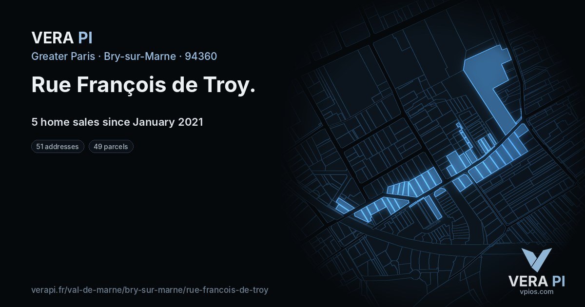 Rue François de Troy, Bry-sur-Marne at night – every parcel coloured by the prices around it, the street's own parcels lit