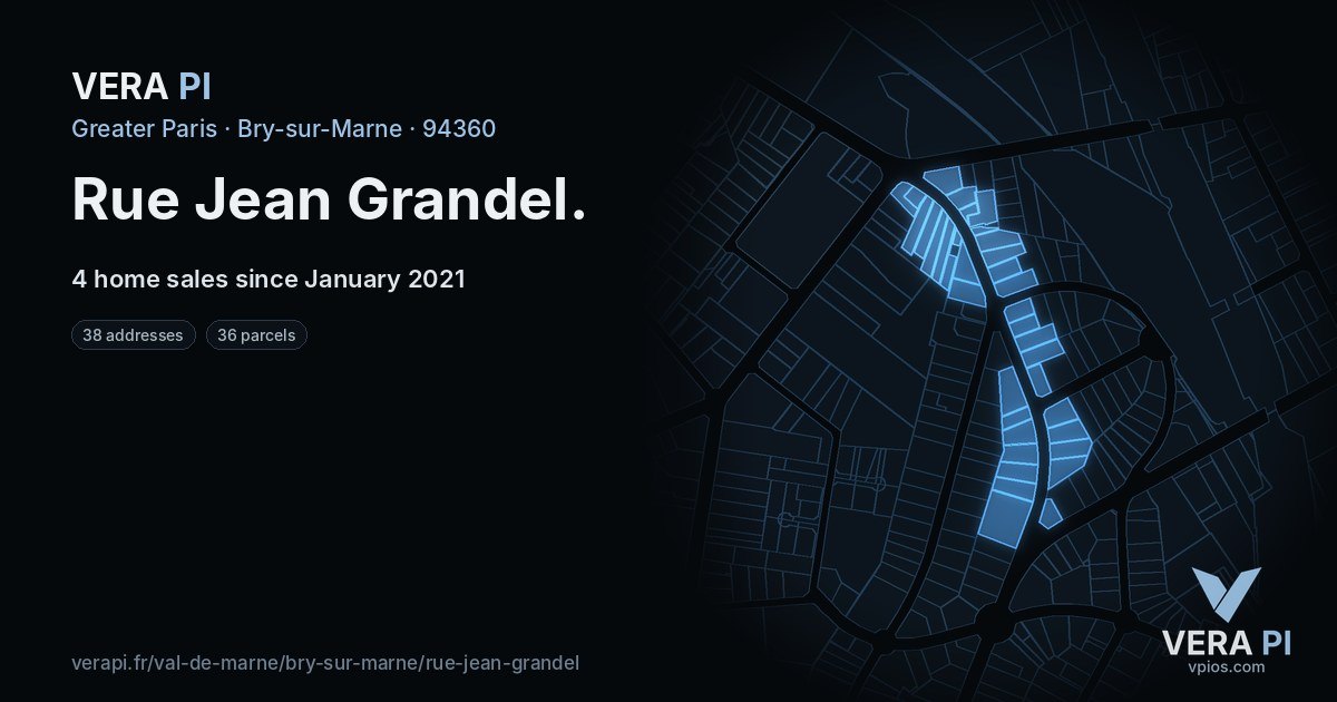 Rue Jean Grandel, Bry-sur-Marne at night – every parcel coloured by the prices around it, the street's own parcels lit