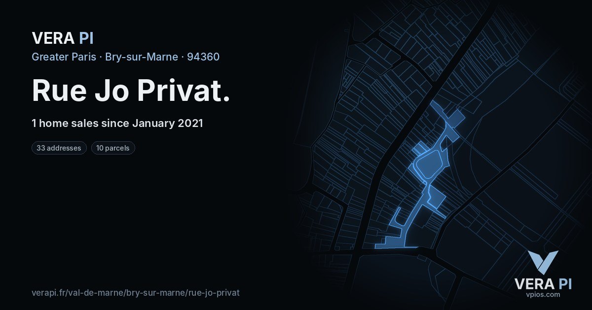 Rue Jo Privat, Bry-sur-Marne at night – every parcel coloured by the prices around it, the street's own parcels lit