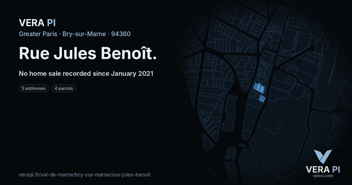 Rue Jules Benoît, Bry-sur-Marne at night – every parcel coloured by the prices around it, the street's own parcels lit
