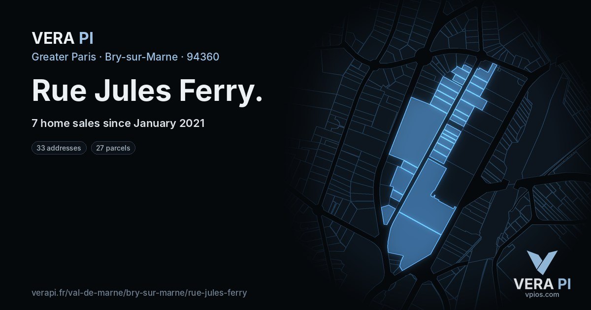 Rue Jules Ferry, Bry-sur-Marne at night – every parcel coloured by the prices around it, the street's own parcels lit