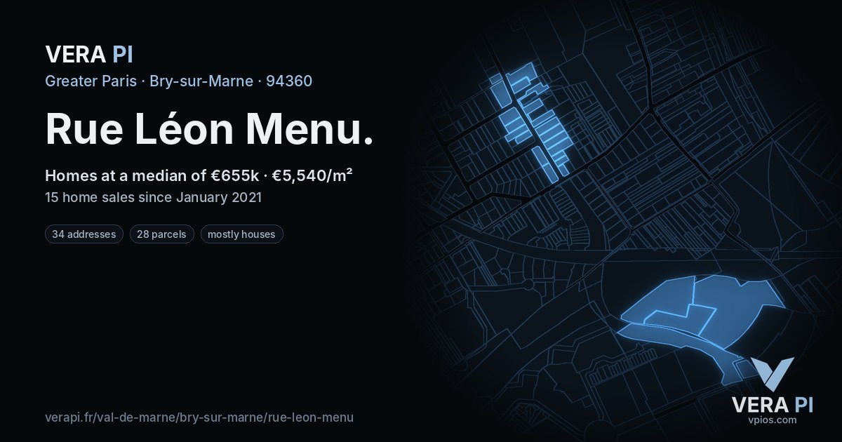 Rue Léon Menu, Bry-sur-Marne at night – every parcel coloured by the prices around it, the street's own parcels lit