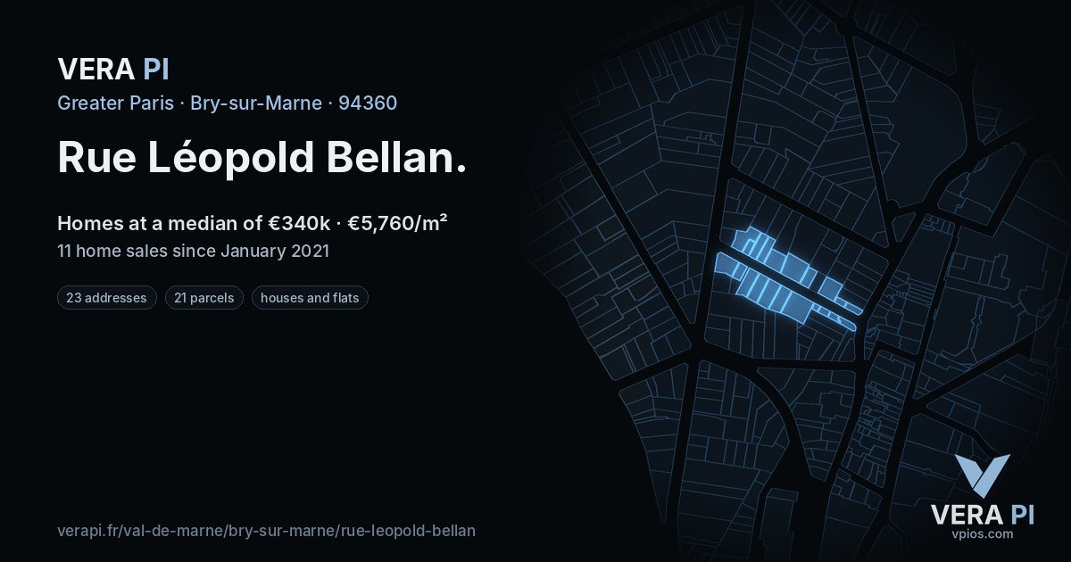 Rue Léopold Bellan, Bry-sur-Marne at night – every parcel coloured by the prices around it, the street's own parcels lit