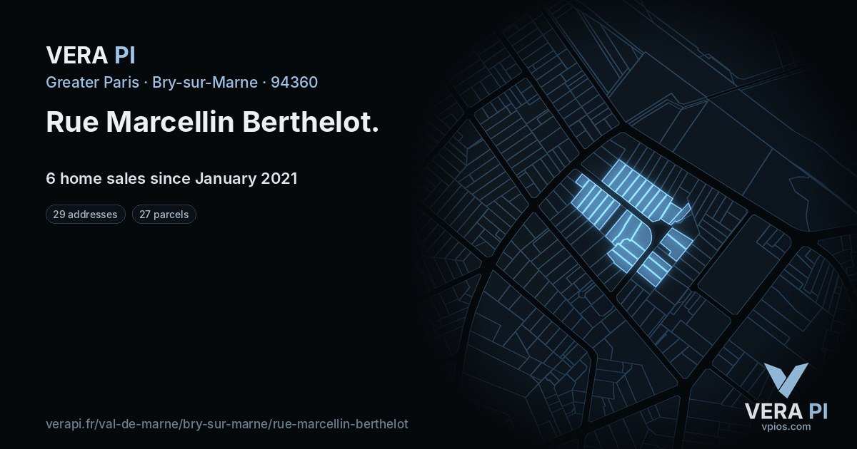 Rue Marcellin Berthelot, Bry-sur-Marne at night – every parcel coloured by the prices around it, the street's own parcels lit