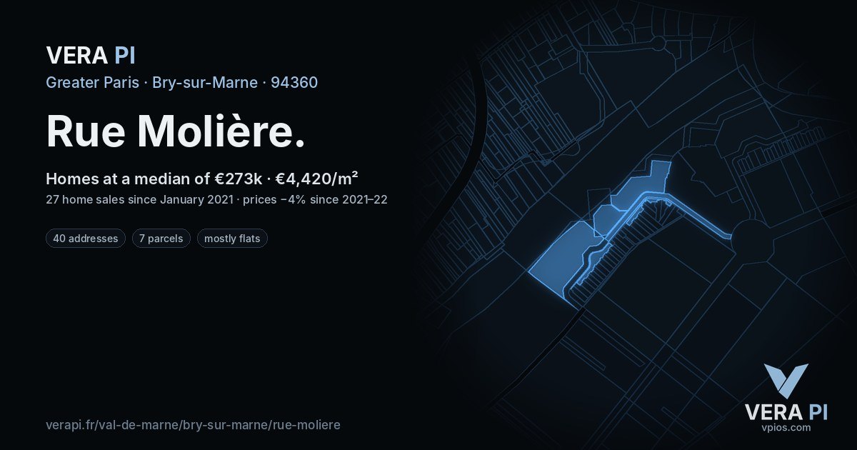 Rue Molière, Bry-sur-Marne at night – every parcel coloured by the prices around it, the street's own parcels lit