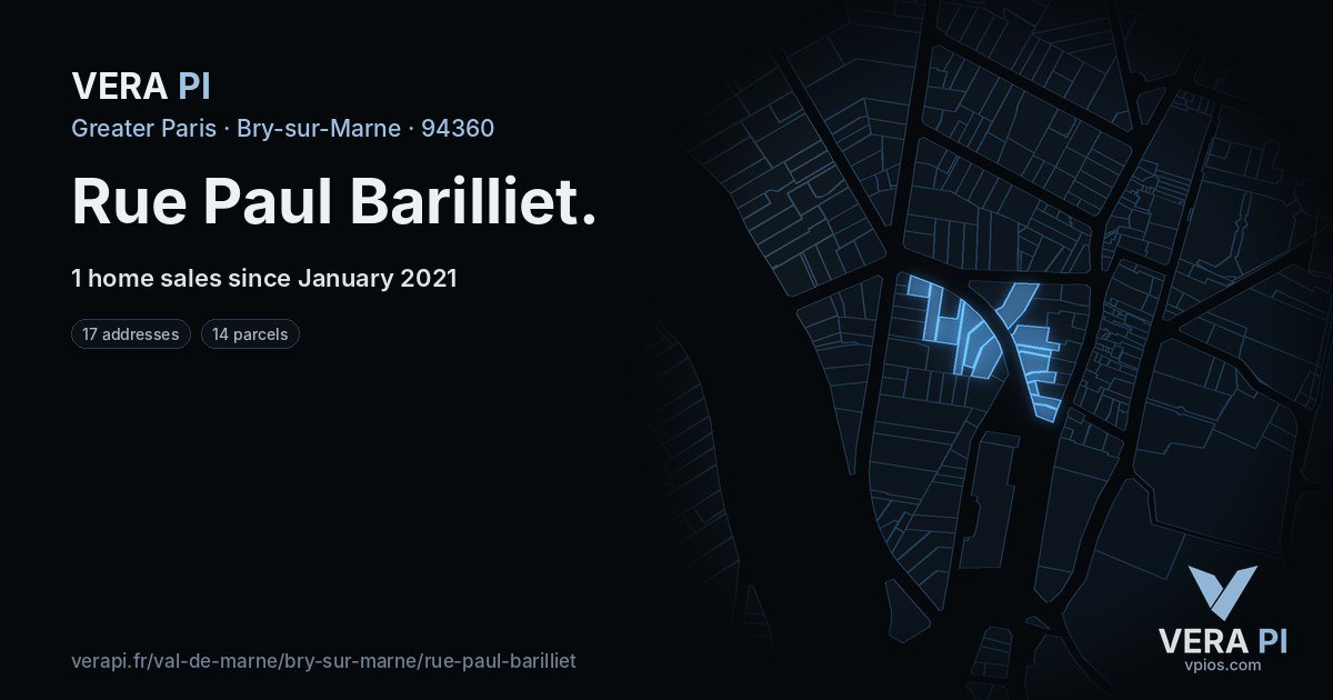 Rue Paul Barilliet, Bry-sur-Marne at night – every parcel coloured by the prices around it, the street's own parcels lit