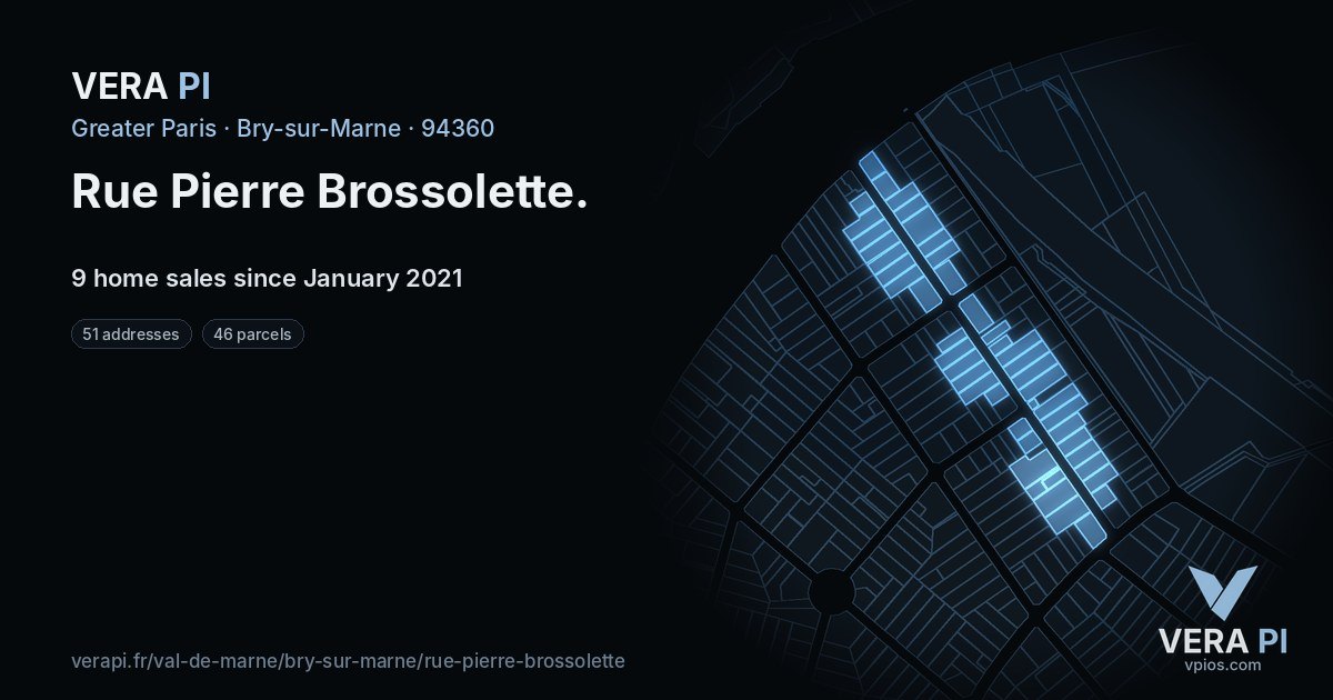 Rue Pierre Brossolette, Bry-sur-Marne at night – every parcel coloured by the prices around it, the street's own parcels lit