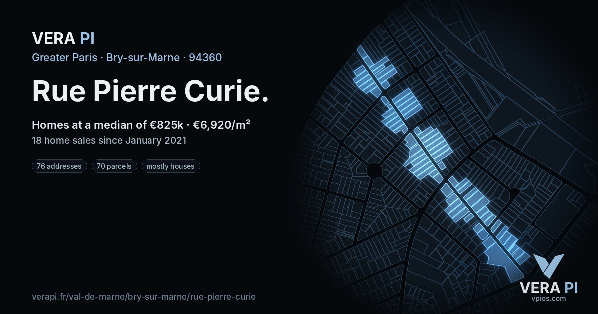 Rue Pierre Curie, Bry-sur-Marne at night – every parcel coloured by the prices around it, the street's own parcels lit