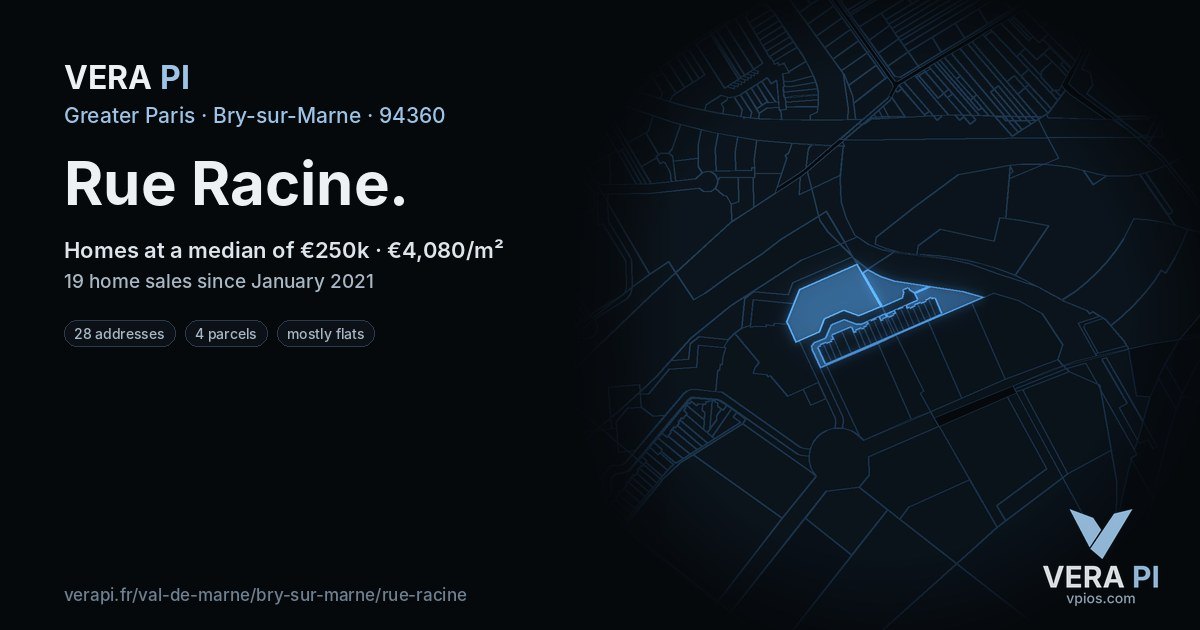 Rue Racine, Bry-sur-Marne at night – every parcel coloured by the prices around it, the street's own parcels lit