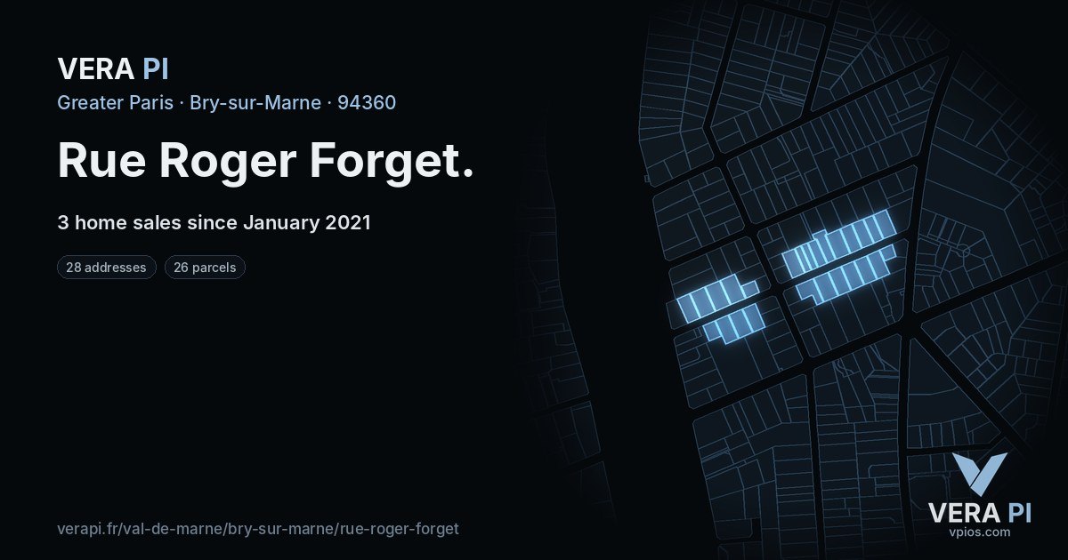 Rue Roger Forget, Bry-sur-Marne at night – every parcel coloured by the prices around it, the street's own parcels lit