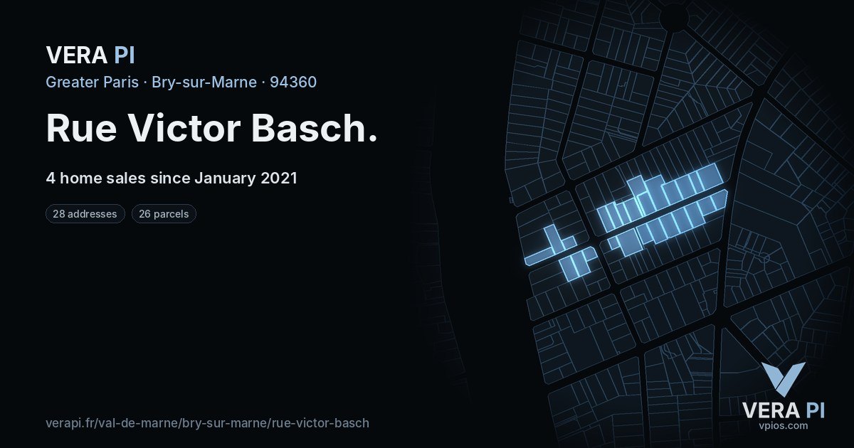 Rue Victor Basch, Bry-sur-Marne at night – every parcel coloured by the prices around it, the street's own parcels lit